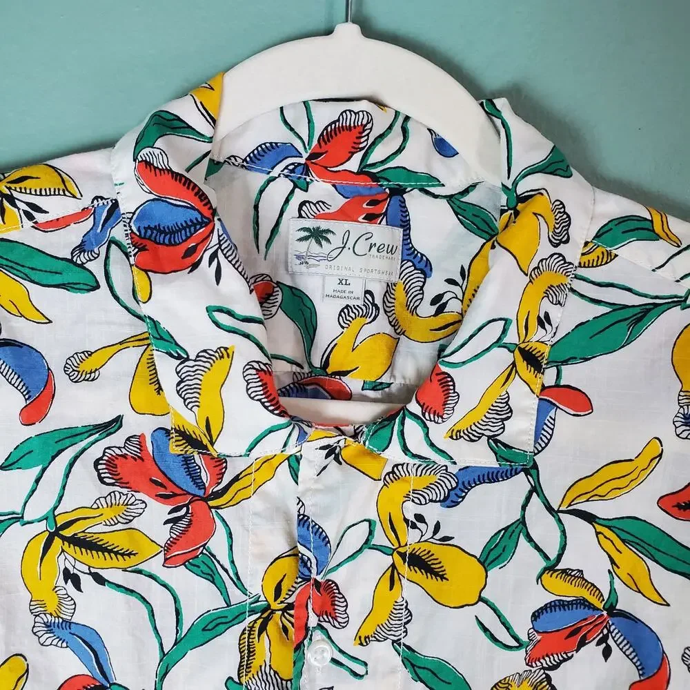 J. Crew Tropical Floral Print Camp Collar Short Sleeve Button Up Shirt Size XL
